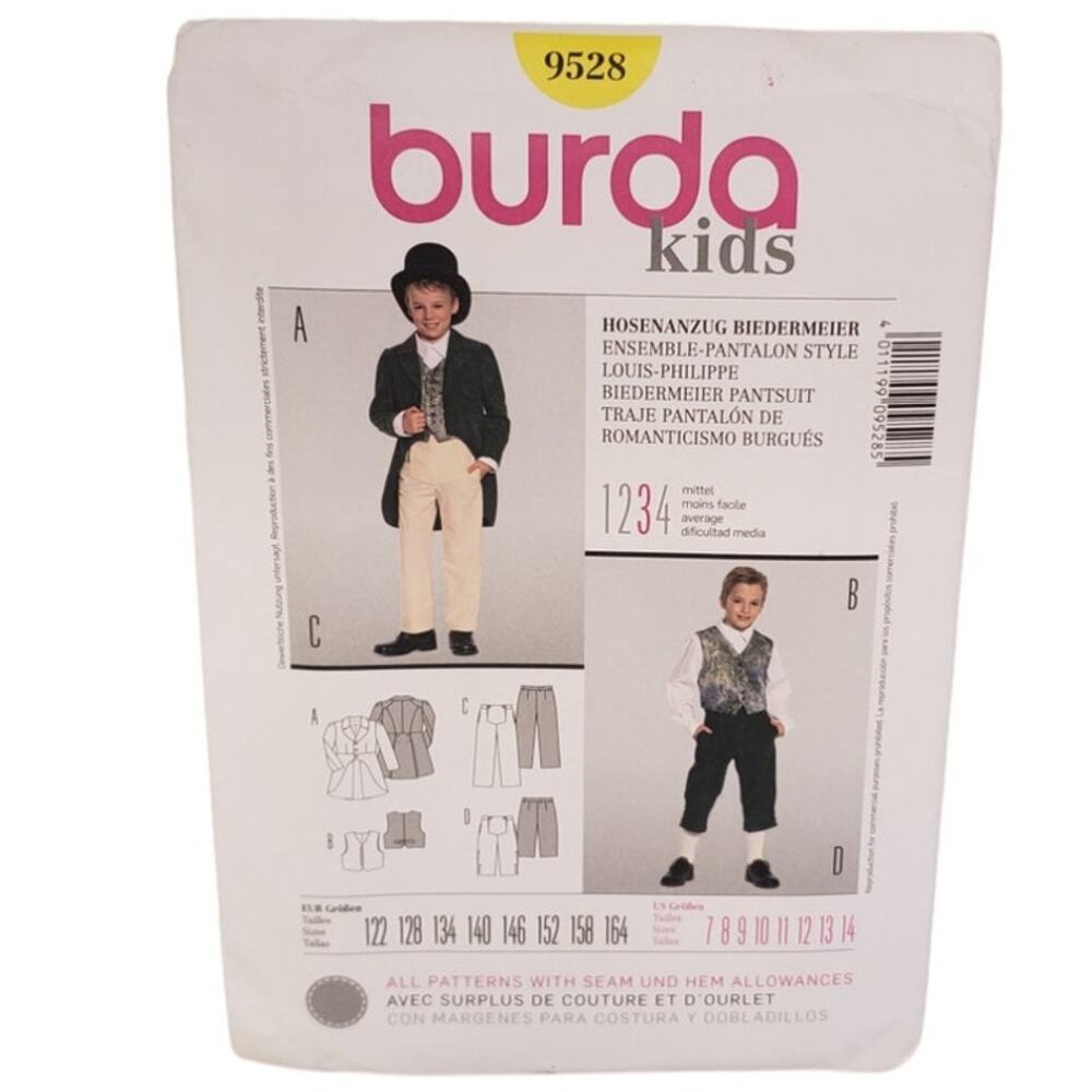 Burda Sewing Pattern 9528 Boys Costume Suit Size US 7-14 UNCUT